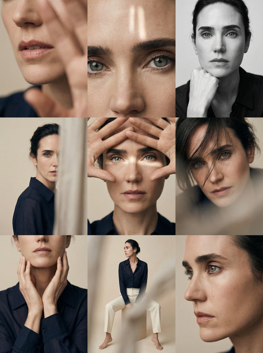Editorial 3x3 photo grid in a clean soft beige studio AI image template preview