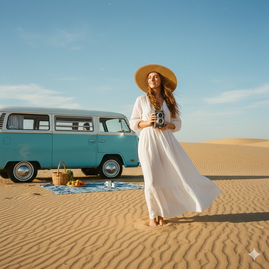 A wide shot of a woman in an airy white linen maxi dress AI image template preview