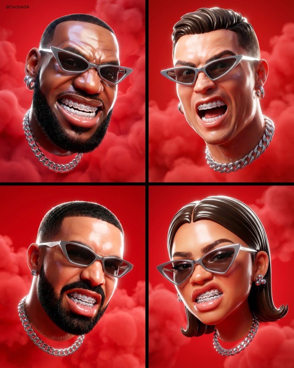 A hyper-stylized, dynamic 3D head portrait floats against a vivid red AI image template preview