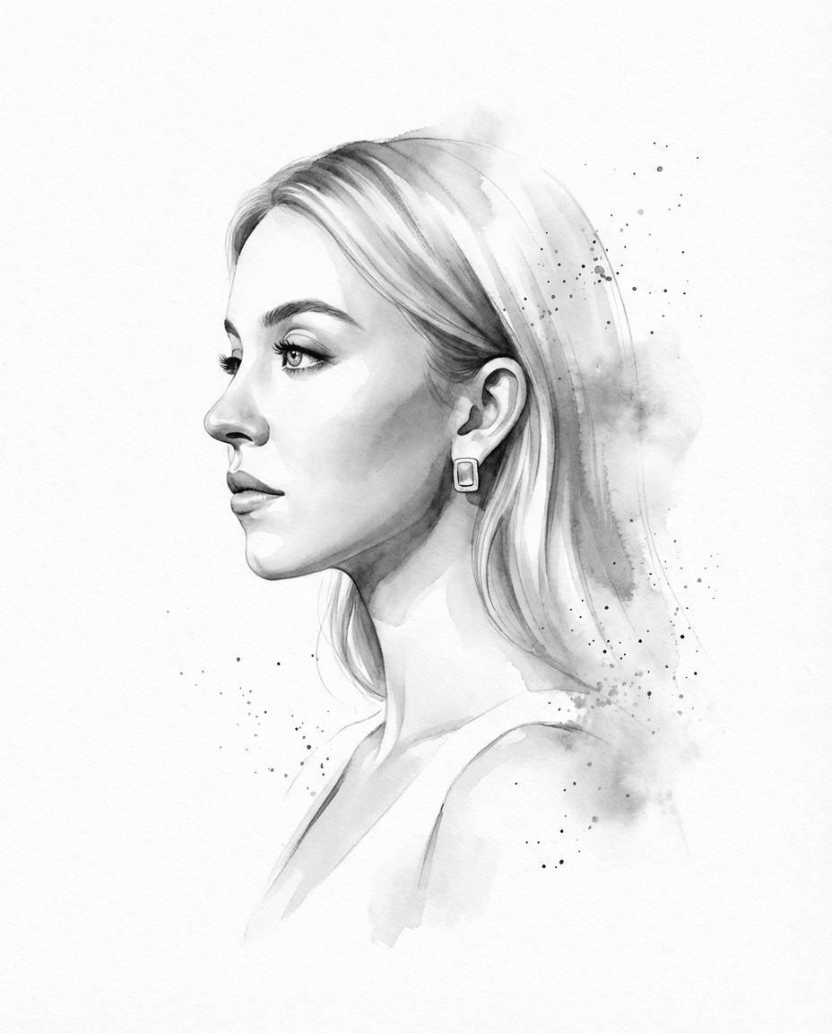 Input photo into a refined monochromatic ink portrait on a pure white AI image template preview