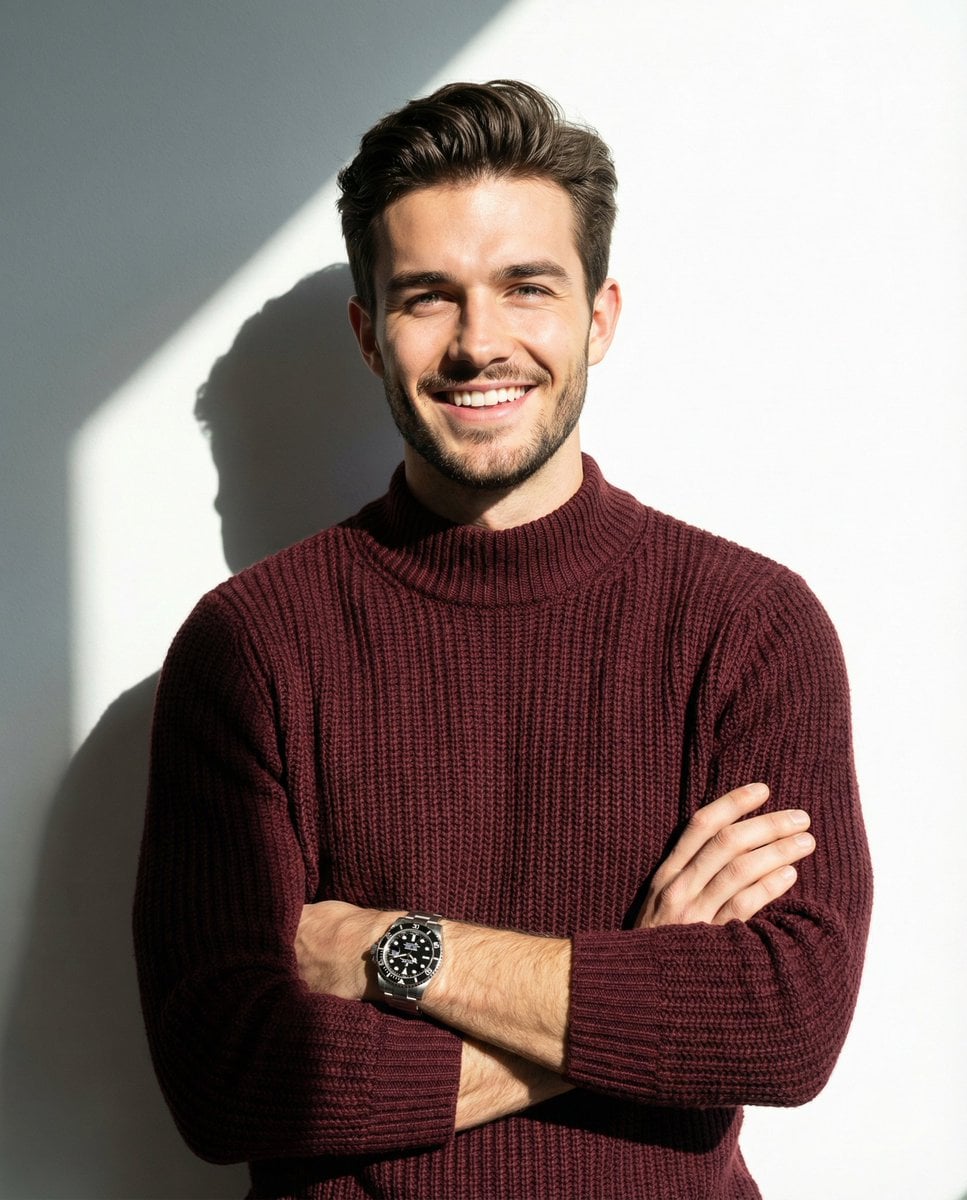 A man smiling and posing with his arms crossed, wearing a maroon knitted AI image template preview
