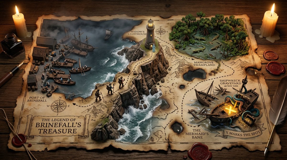 A hand-drawn treasure map on aged parchment, with the adventure erupting AI image template preview