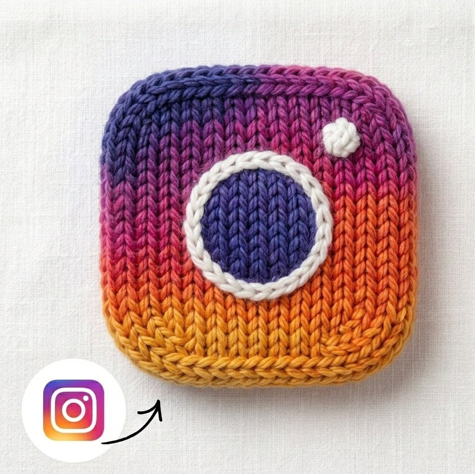 Instagram logo made from thick knitted wool yarn, handcrafted textile example 3