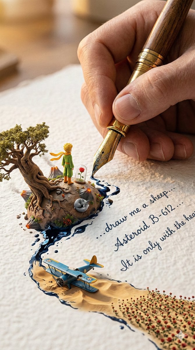 A colossal hand gripping an enormous vintage fountain pen, captured AI image template preview