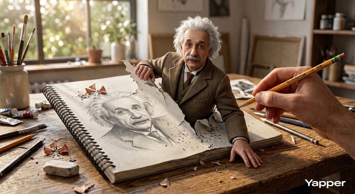 Hyper-realistic 3D illustration of Albert Einstein emerging AI image template preview