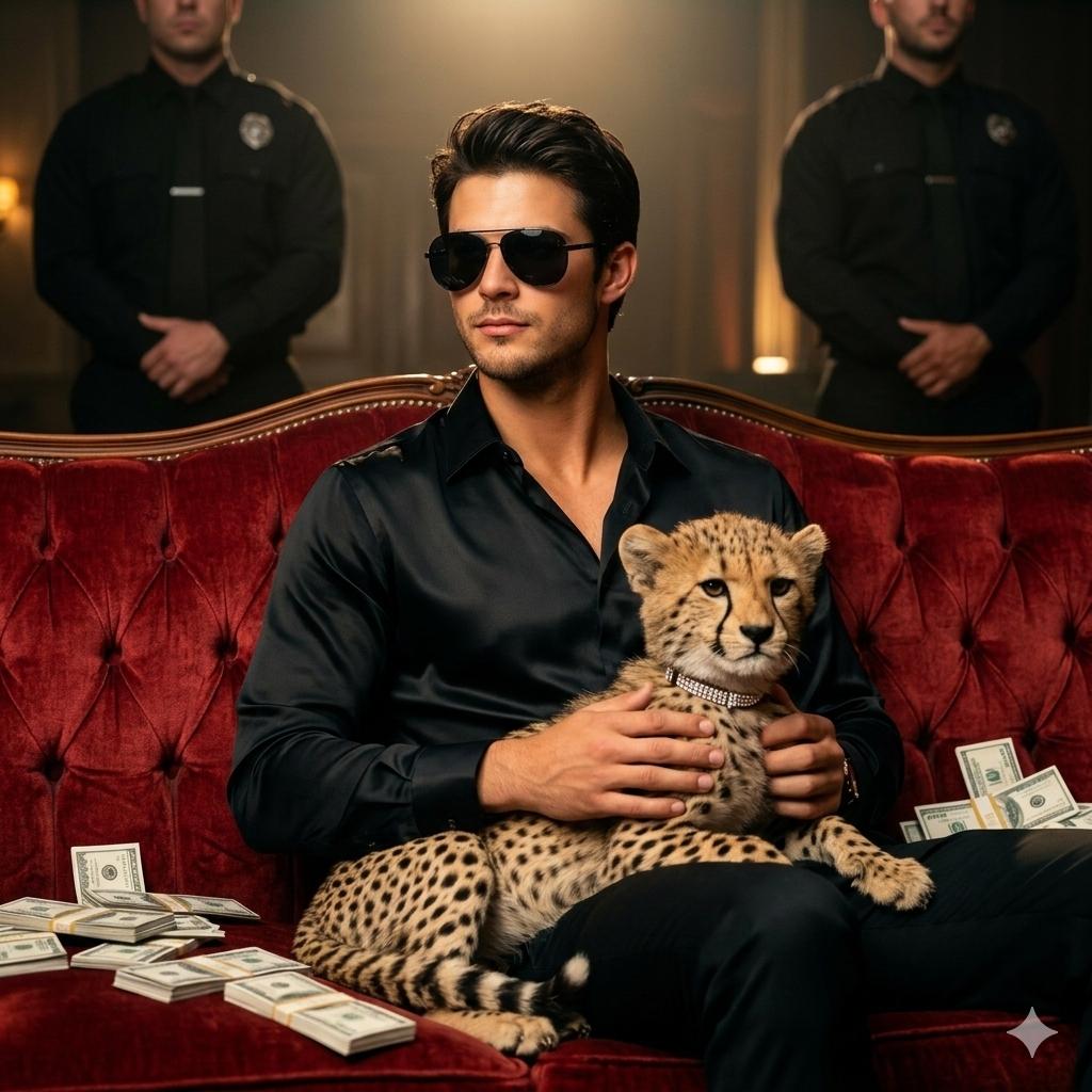 Using the reference picture, create A stylish man sitting on a luxurious AI image template preview