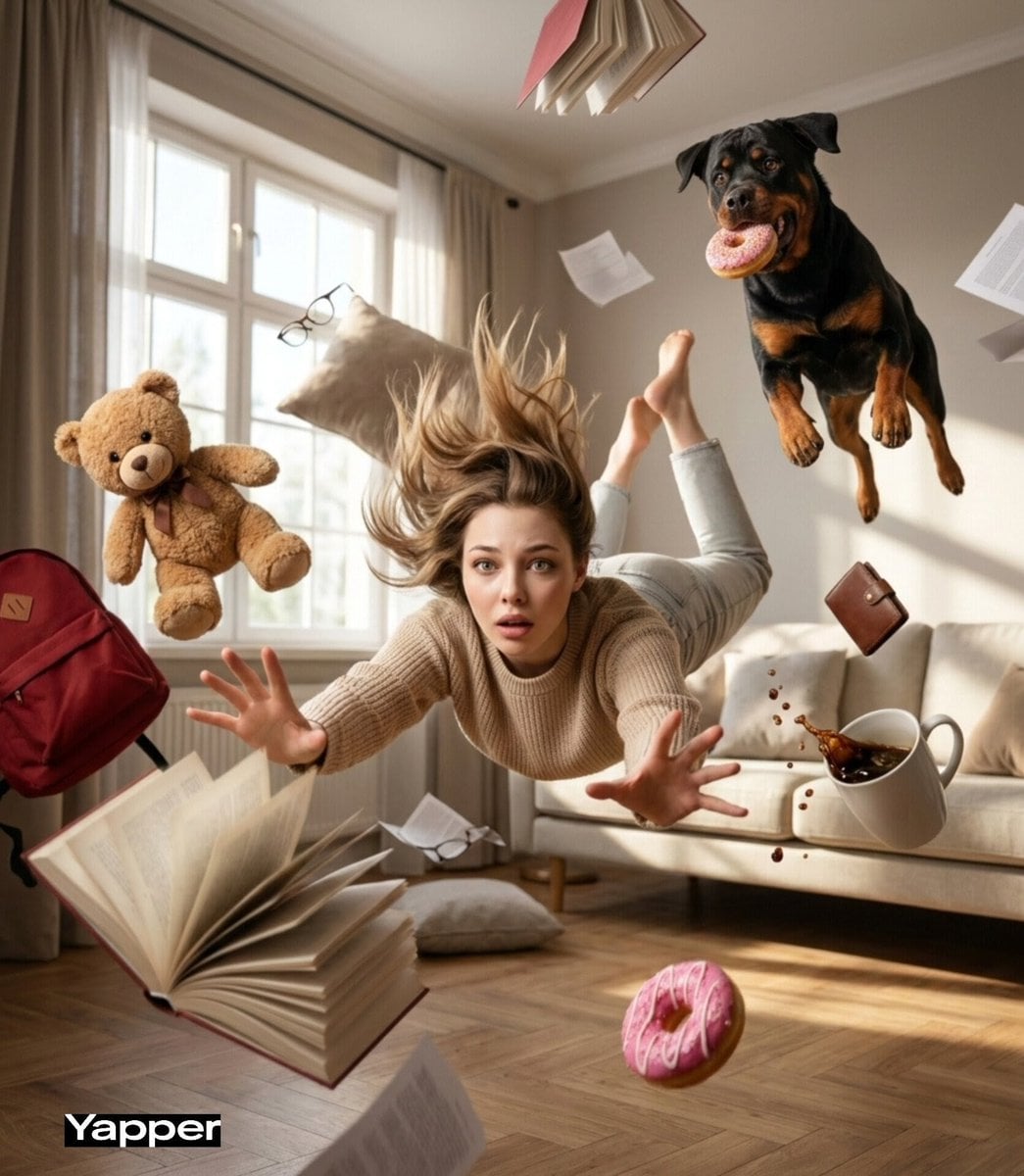 Cinematic surreal scene of a young woman falling forward through AI image template preview