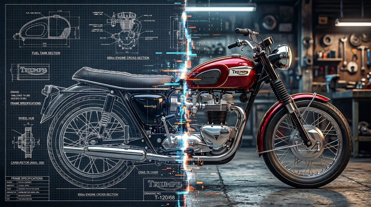 A split vertically down the center, left half as a technical blueprint AI image template preview