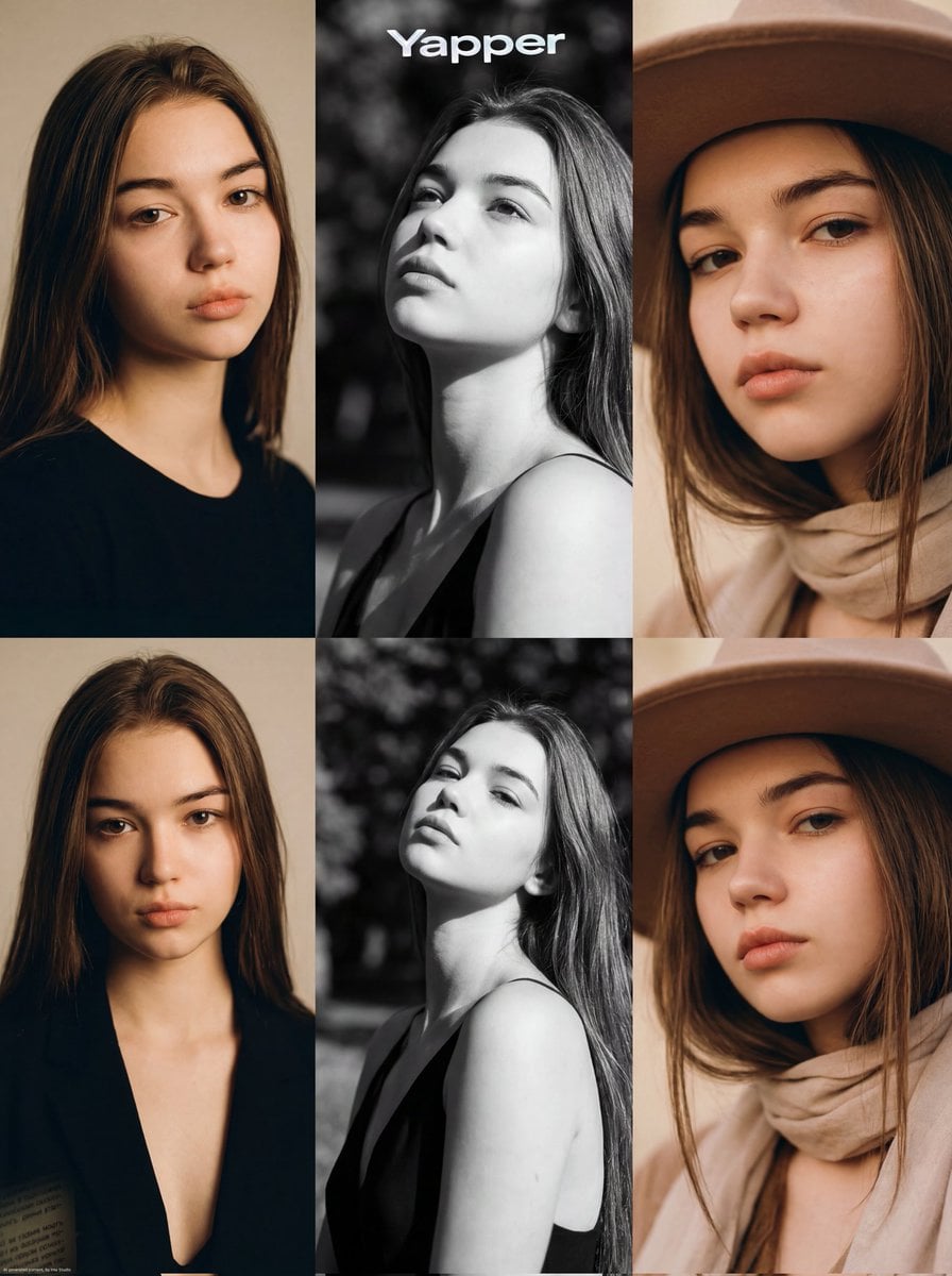 Cohesive 3x1 editorial portrait grid of the same woman in three distinct AI image template preview