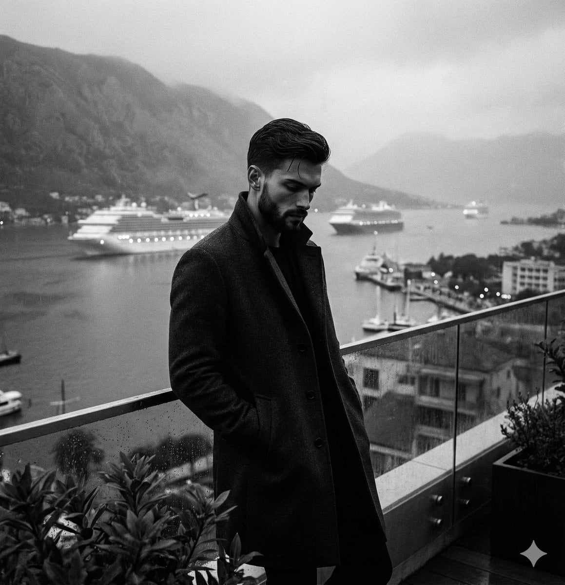 Cinematic black and white photograph of a man in a dark overcoat leaning AI image template preview