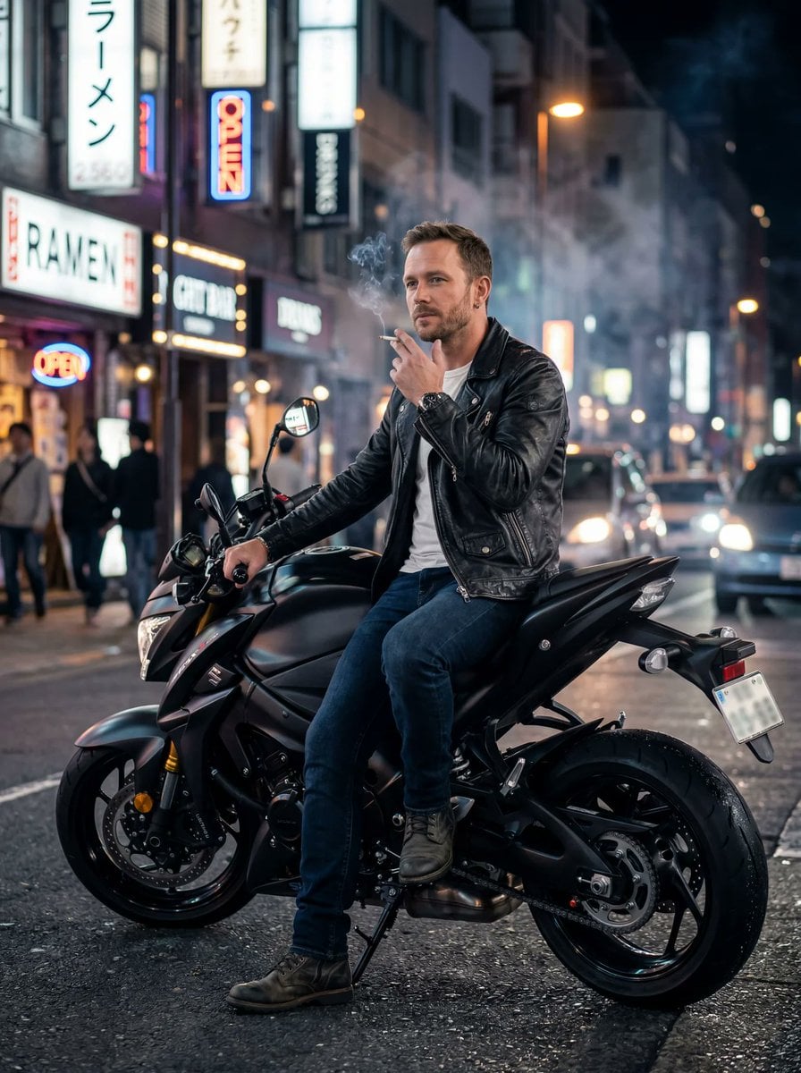 Sitting casually on the motorbike, one foot on the ground, holding AI image template preview