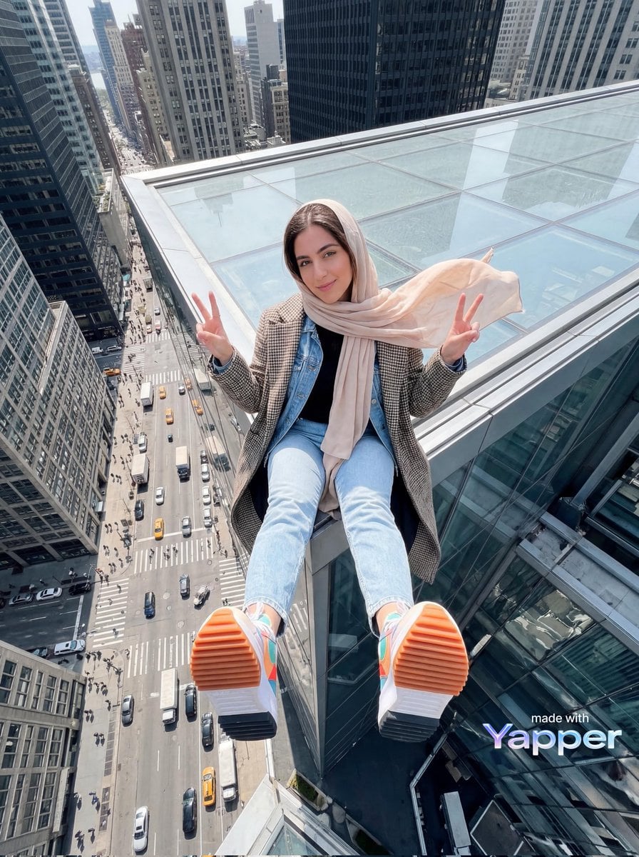 Young woman sitting at the edge of a skyscraper rooftop with a dramatic AI image template preview