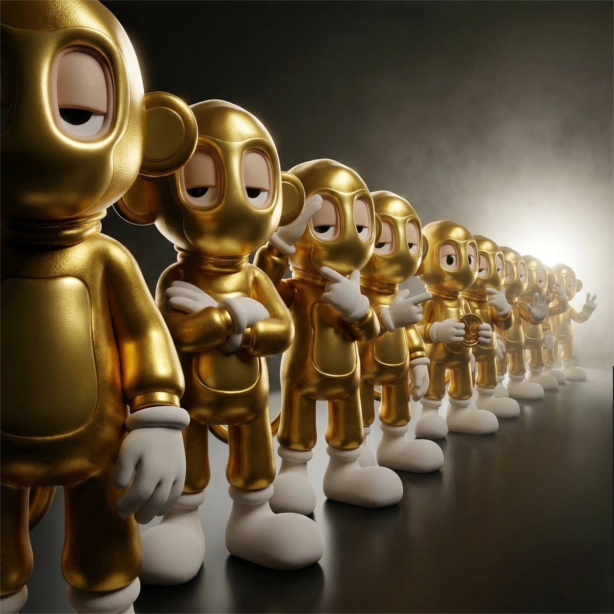 A detailed, collectible-style 3D render of a linear procession of twelve AI image template preview