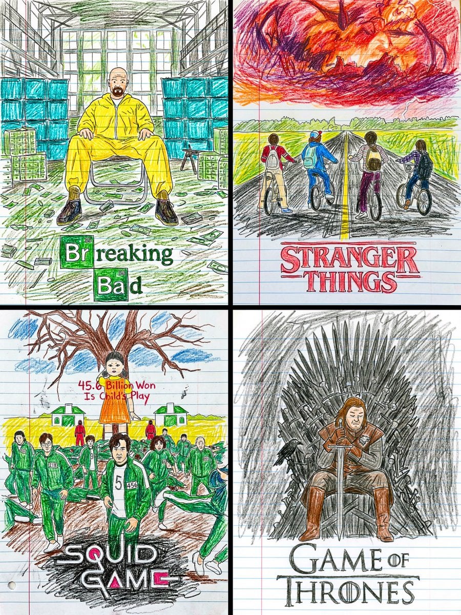 This movie poster into a child s crayon drawing on lined notebook paper AI image template preview