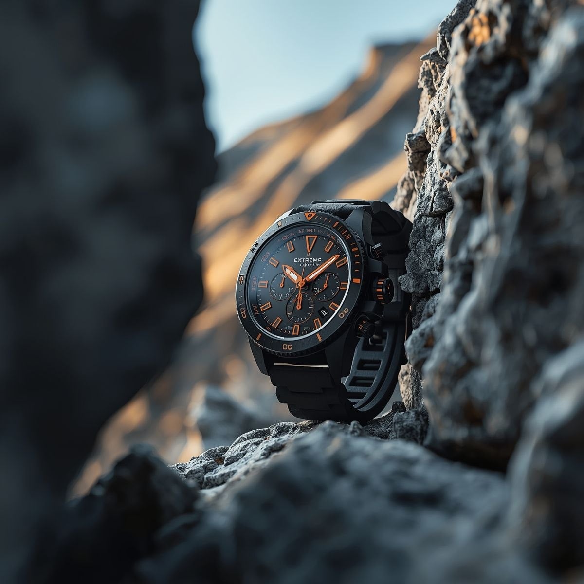 A rugged, matte-black chronograph watch with bold orange accents AI image template preview