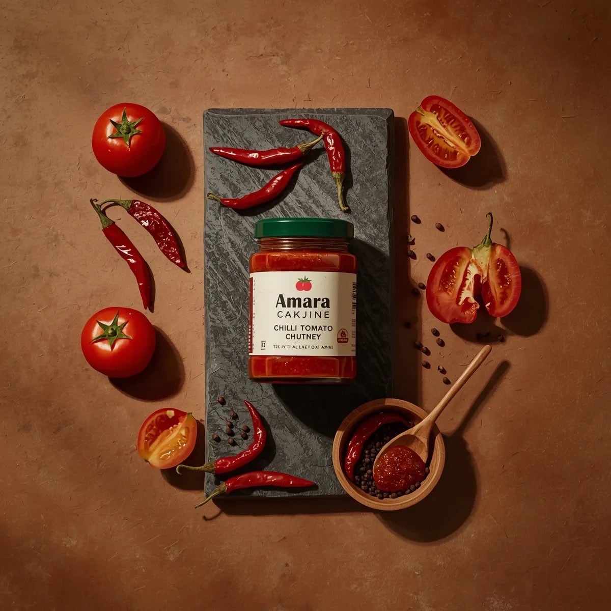 Top-down premium food photography of a glass jar of chili tomato chutney AI image template preview