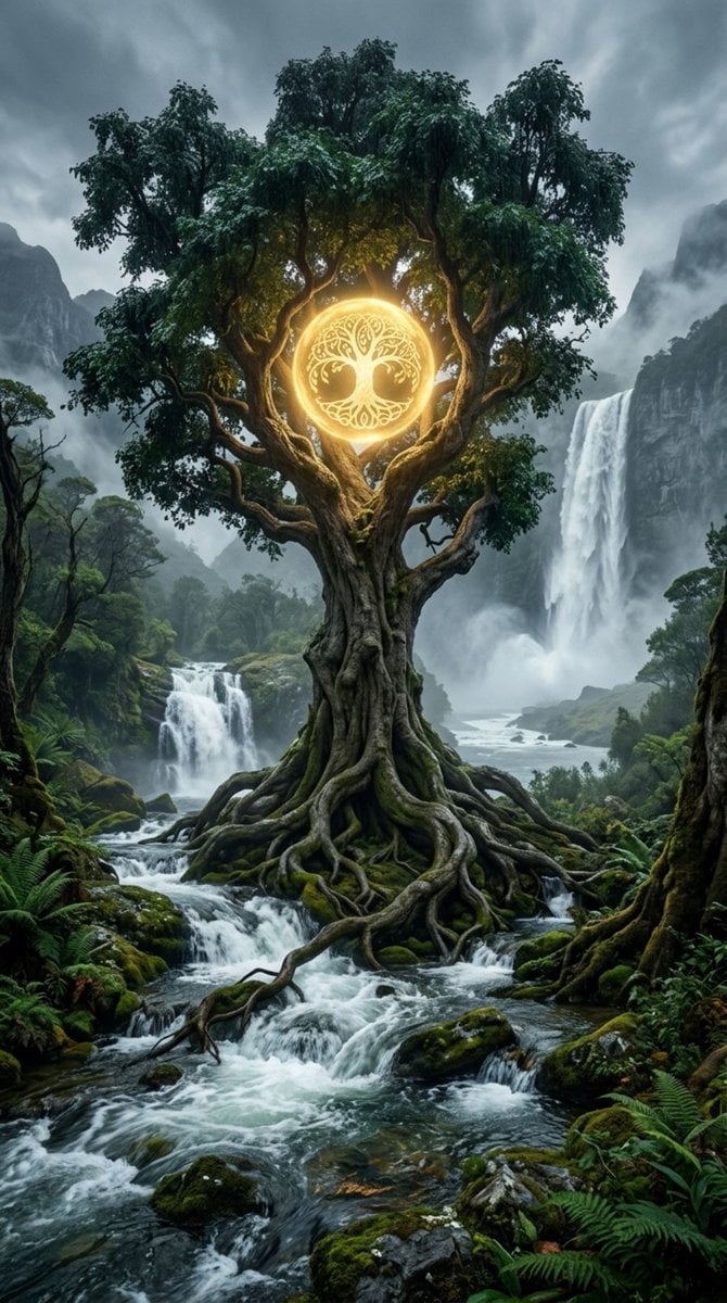 A majestic, ancient gnarled tree with thick, twisting roots sits example 2