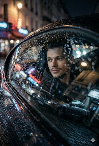 A low-angle, cinematic close-up shot looking through a rain-slicked car AI image template preview