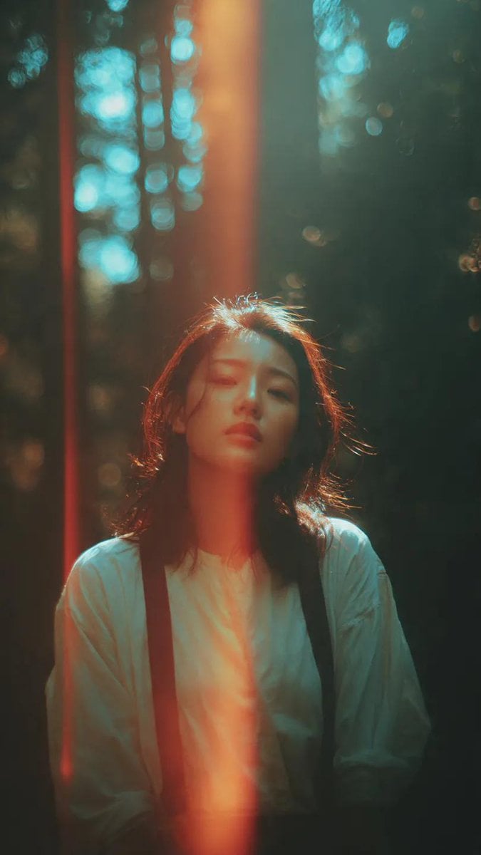 A cinematic portrait of an Asian woman standing in a quiet forest AI image template preview