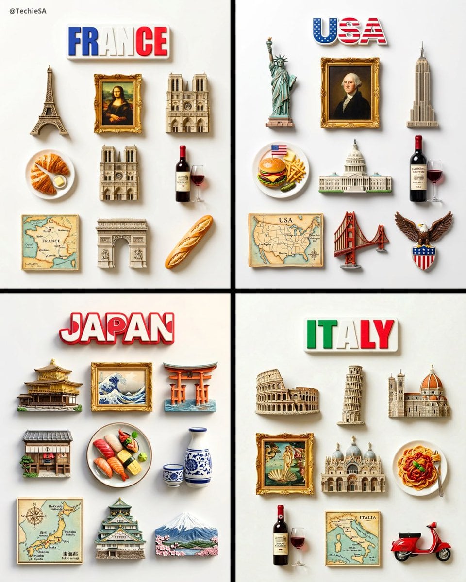 A flat-lay collection of exactly 9 hyper-realistic 3D resin fridge AI image template preview