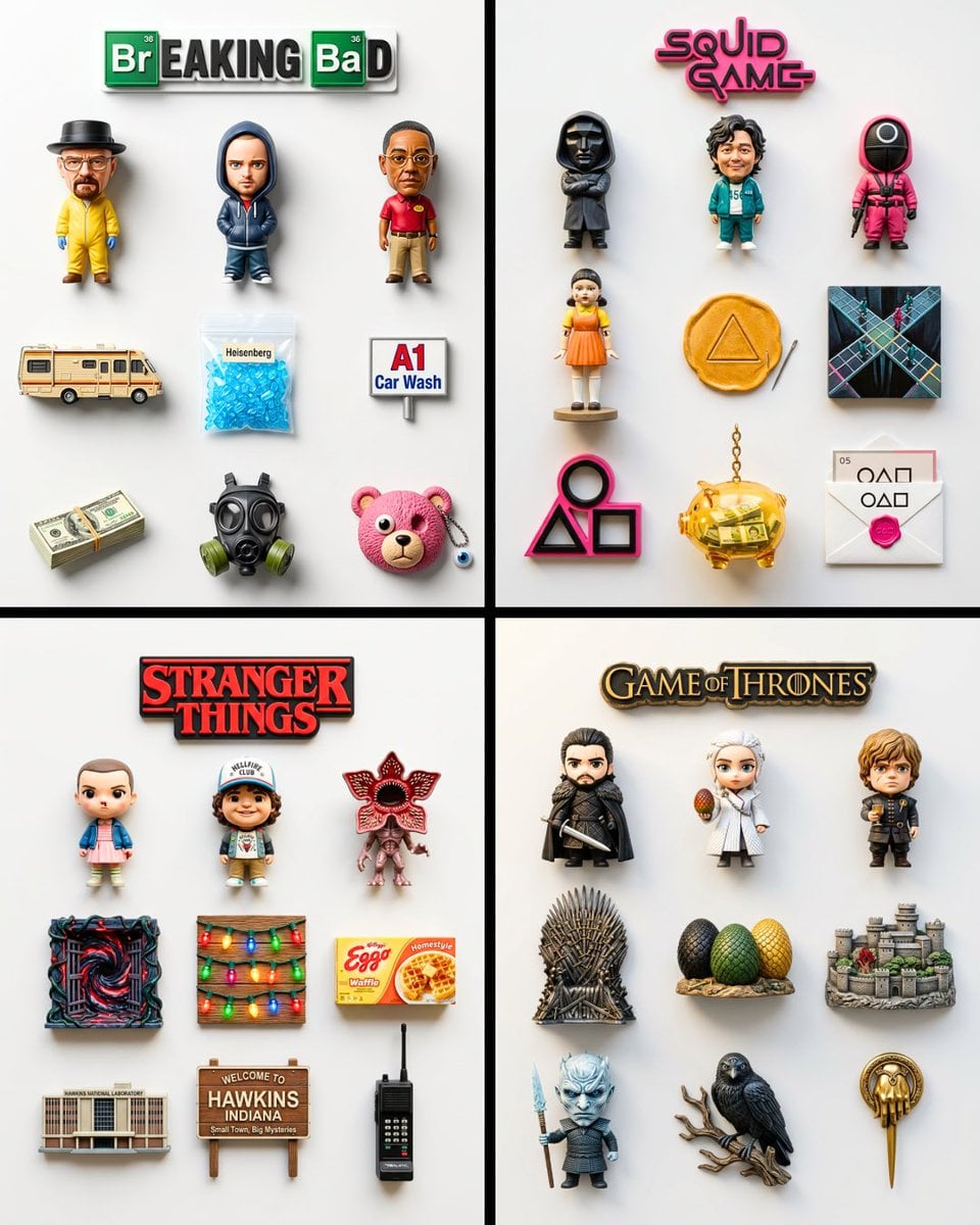 A flat-lay collection of exactly 9 hyper-realistic 3D resin fridge AI image template preview