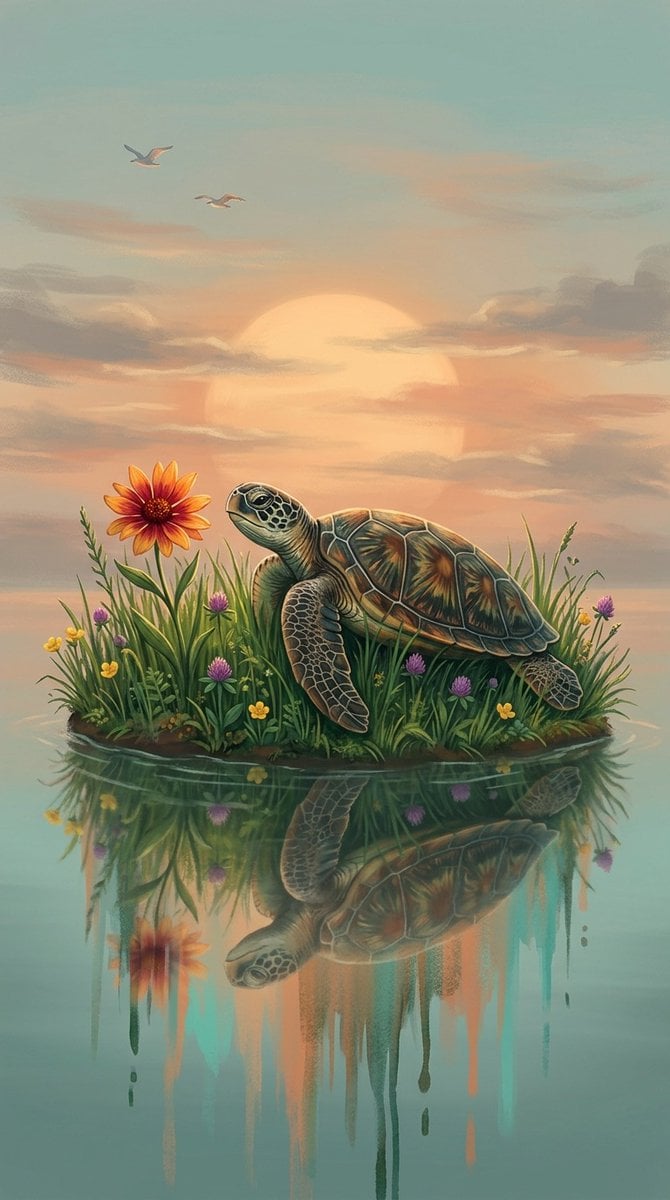 A digital fantasy illustration of a small turtle resting on a grassy AI image template preview