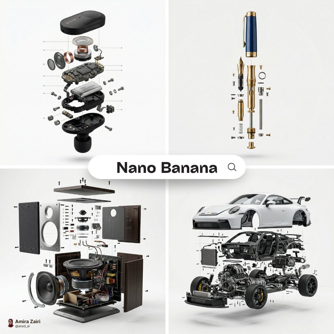 High-end product advertising, white seamless background, exploded view AI image template preview