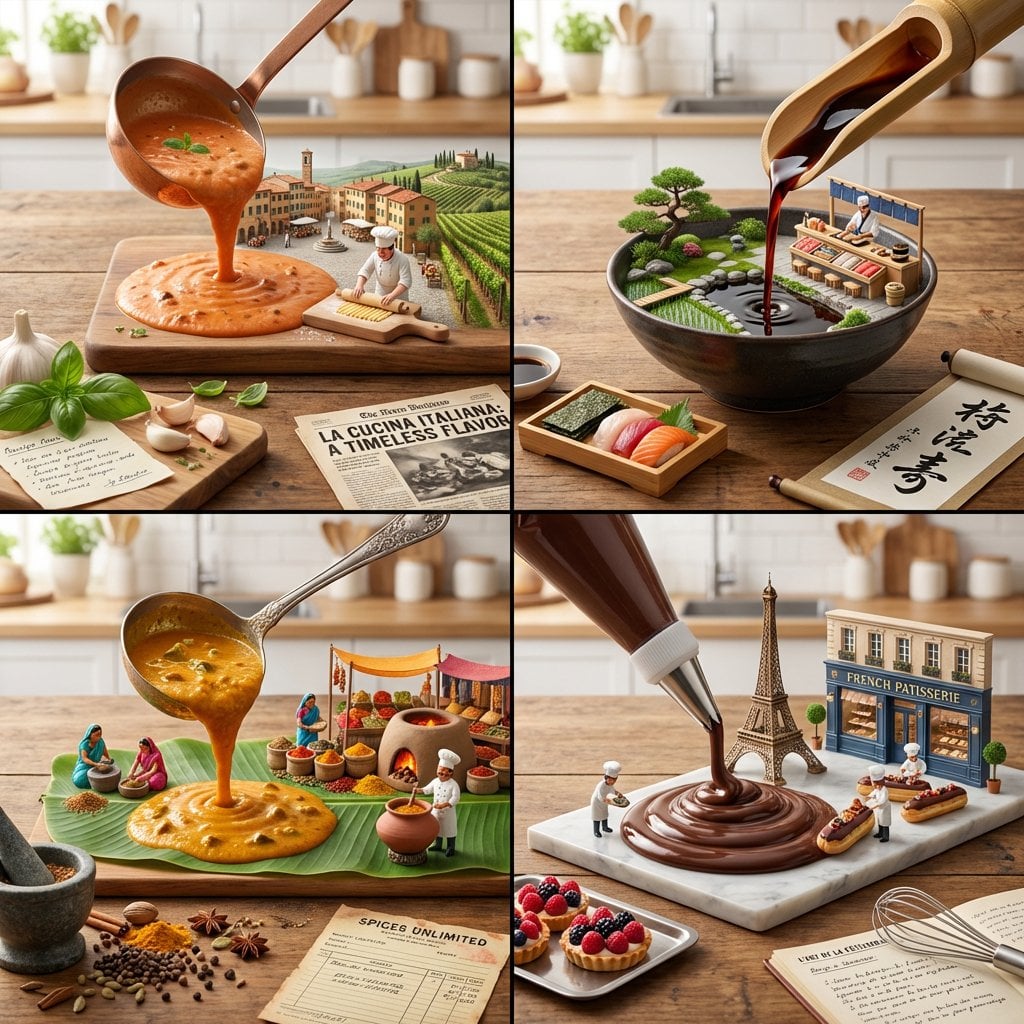 2x2 grid, do this for 4 famous cuisines function dish AA AI image template preview