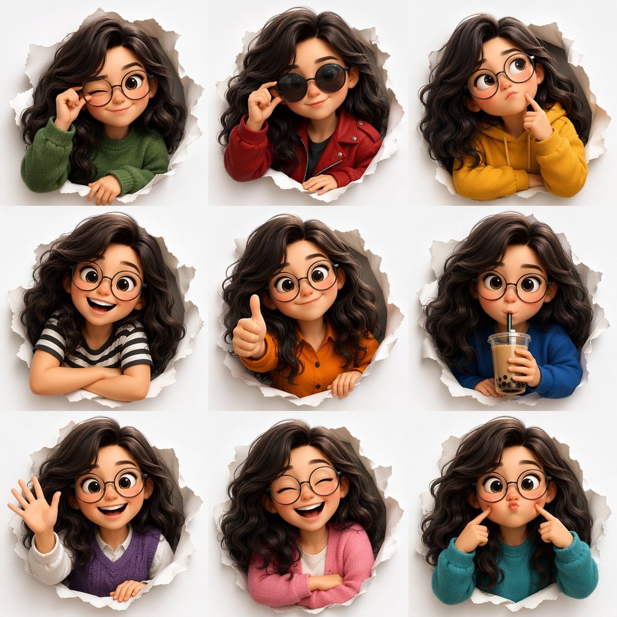 3D Pixar-style expression sheet, cute stylized avatar with wavy dark AI image template preview