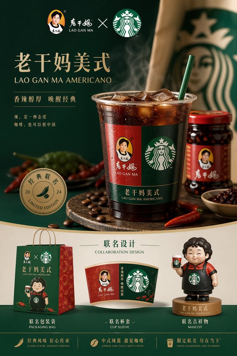 生成完整高端的品牌运营图，产品是老干妈和星巴克的联名款 老干妈美式，中间是主图，下面放一些联名的设计，包装袋、杯套以及吉 AI image template preview