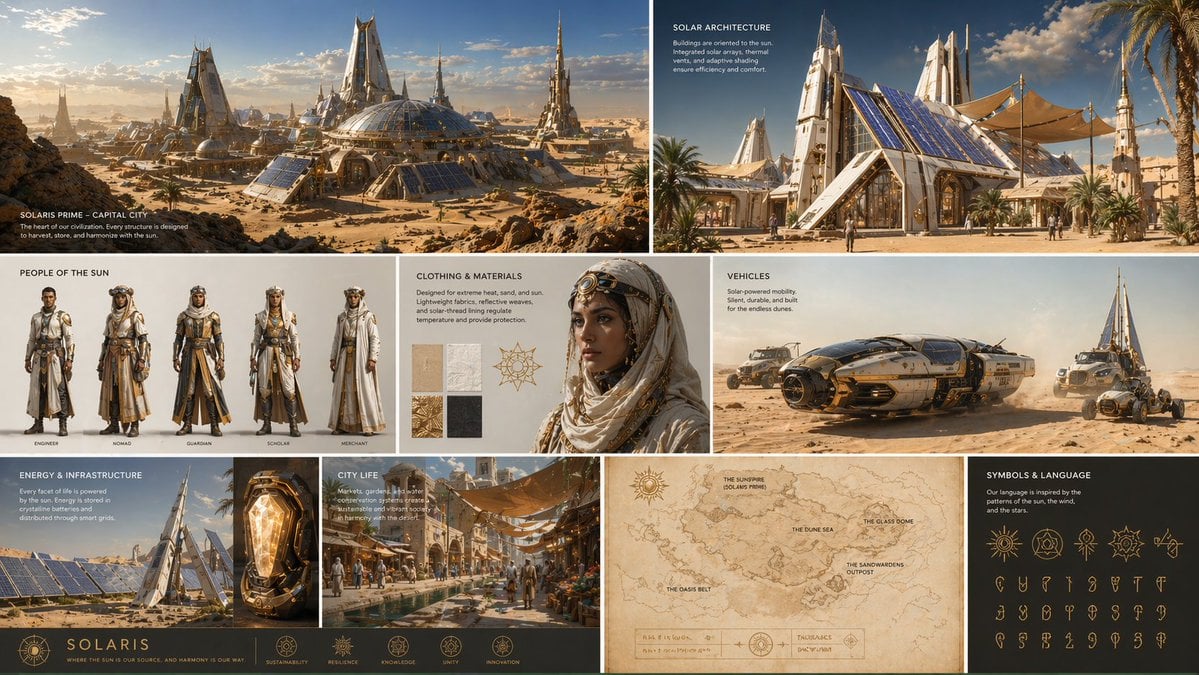 Complete visual worldbuilding set for a futuristic desert civilization AI image template preview