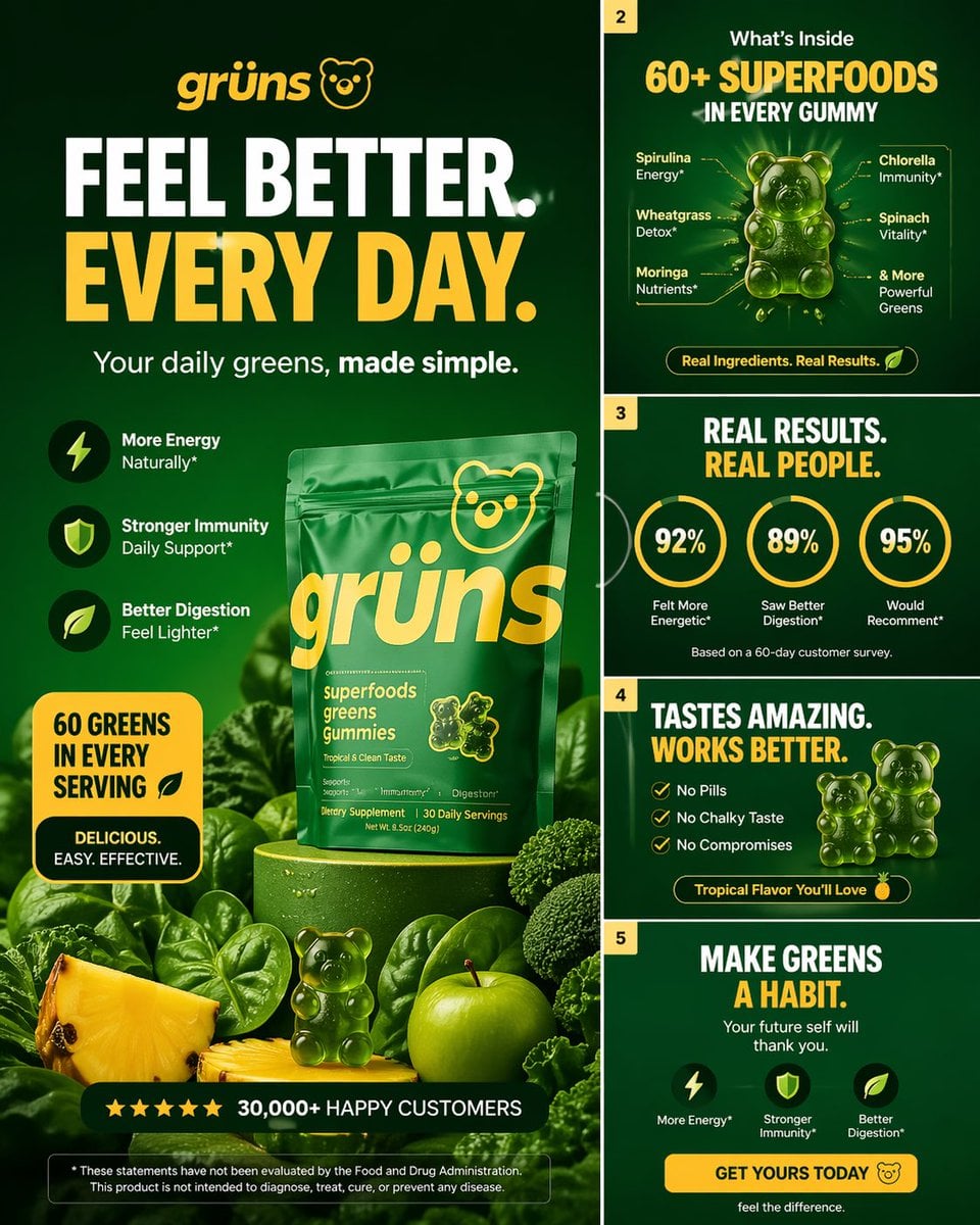 High-converting carousel image for Grüns greens gummies AI image template preview