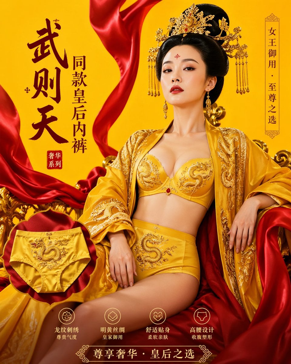 武则天同款皇后内衣广告大片，明黄底色龙纹刺绣，大红丝绸飘带衬托 AI image template preview