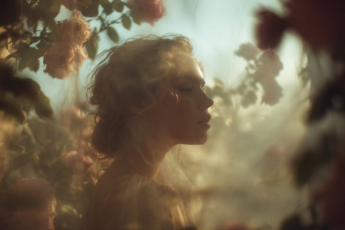 A soft-focus dream photograph of a in a, seen through translucent fabric AI image template preview
