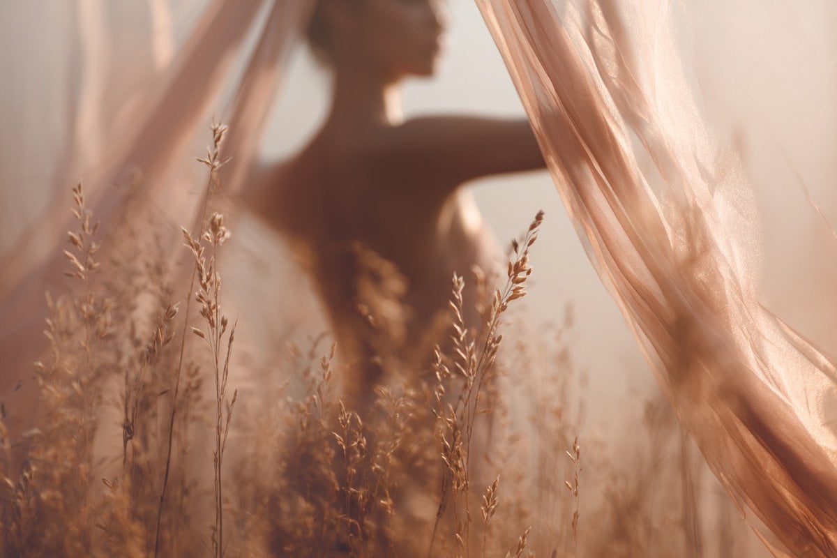 A soft-focus dream photograph of a in a, seen through translucent fabric example 2