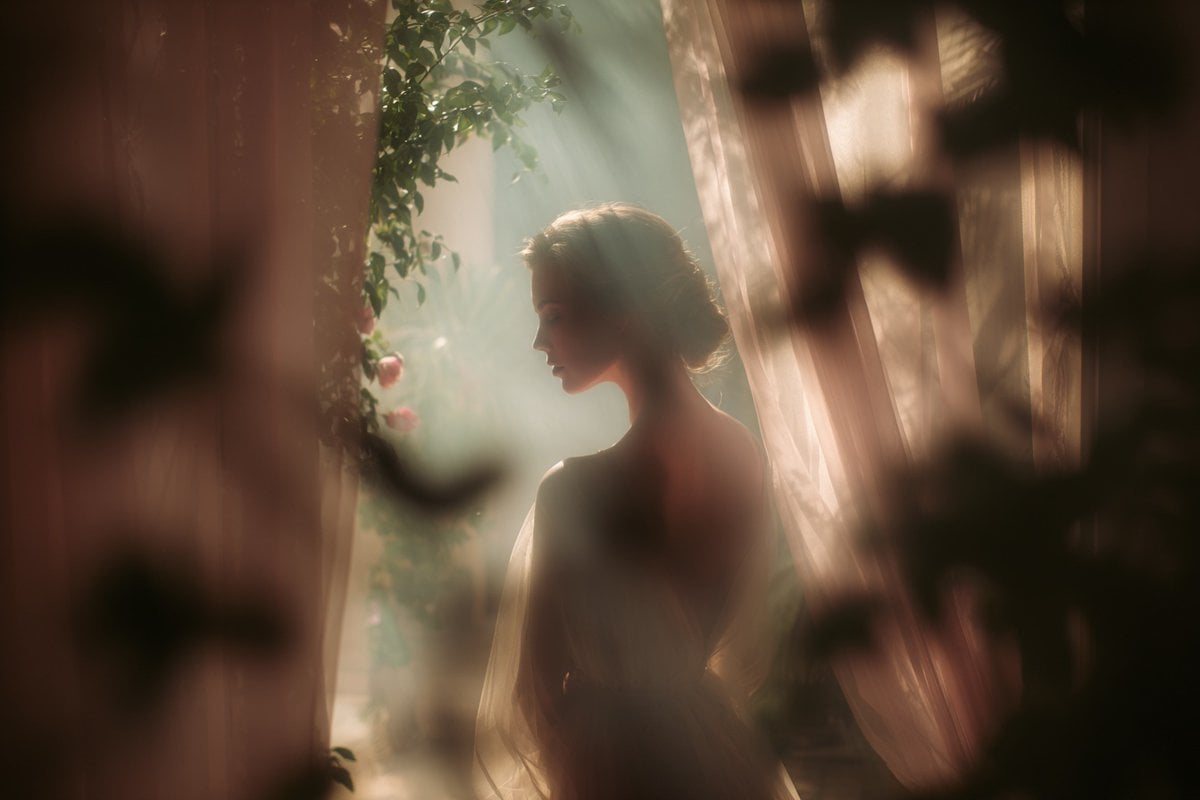 A soft-focus dream photograph of a in a, seen through translucent fabric example 3