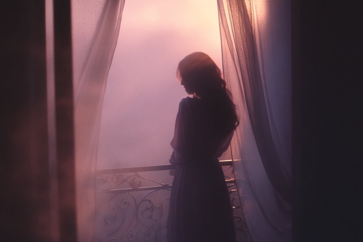 A soft-focus dream photograph of a in a, seen through translucent fabric example 4