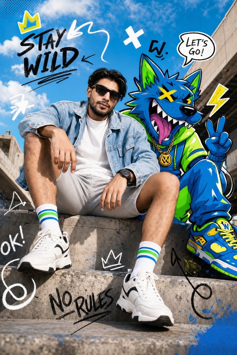 Full-body fashion editorial shot of a confident young person model AI image template preview