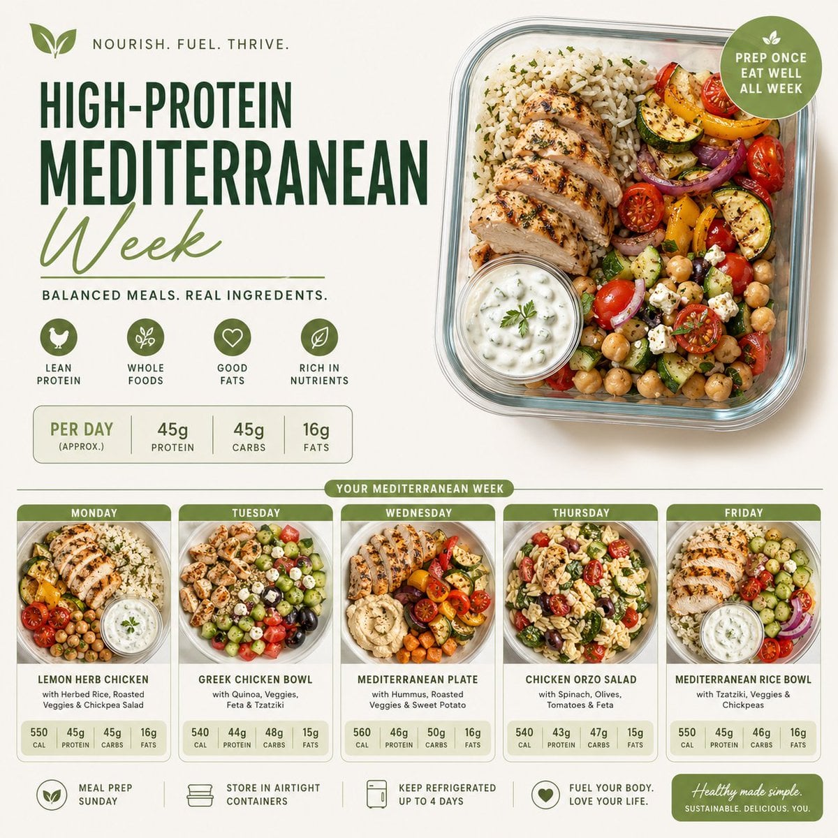 Clean & appetizing meal prep layouts AI image template preview