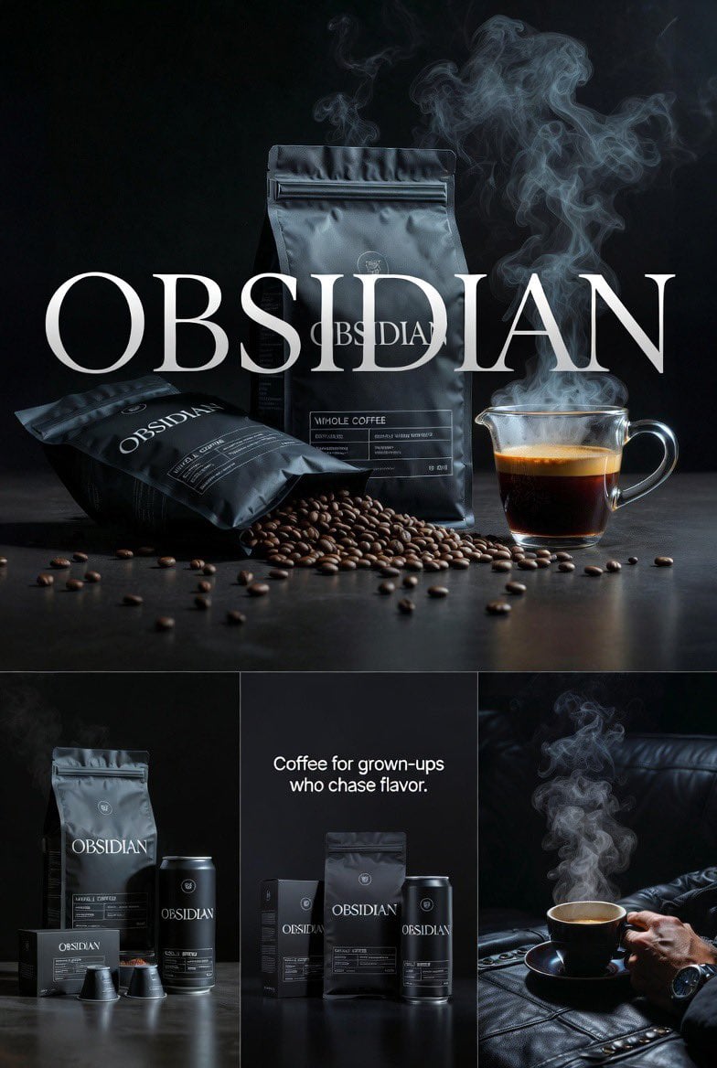 Four connected premium realistic editorial images for OBSIDIAN coffee AI image template preview