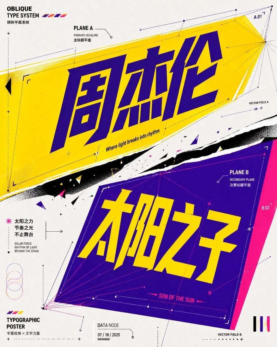 请基于用户输入的 核心文字 / 单词 / 词组 / 短句 / 字母，创作一张高完成度的 斜向透视平面字体概念海报 / O example 2