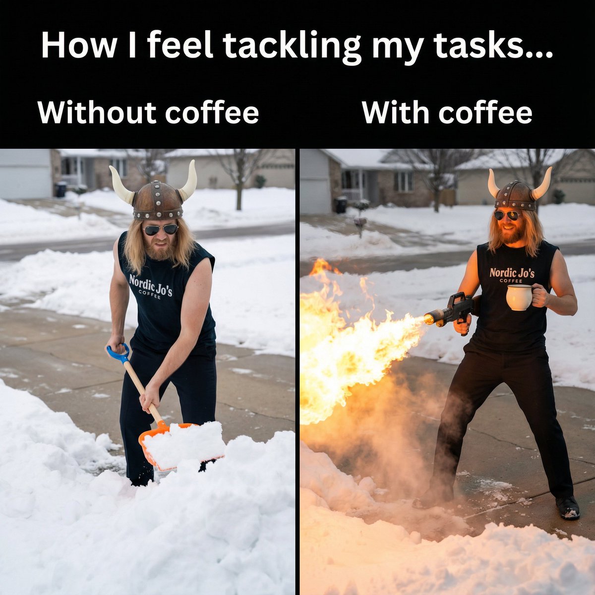 Meme: Shoveling Snow with/without Coffee AI image template preview