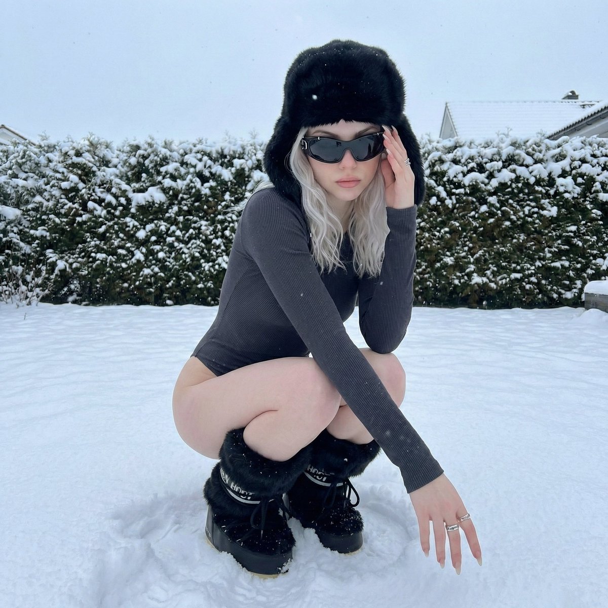 Winter Editorial Low-Angle Squat Pose Prompt (iPhone Style) AI image template preview