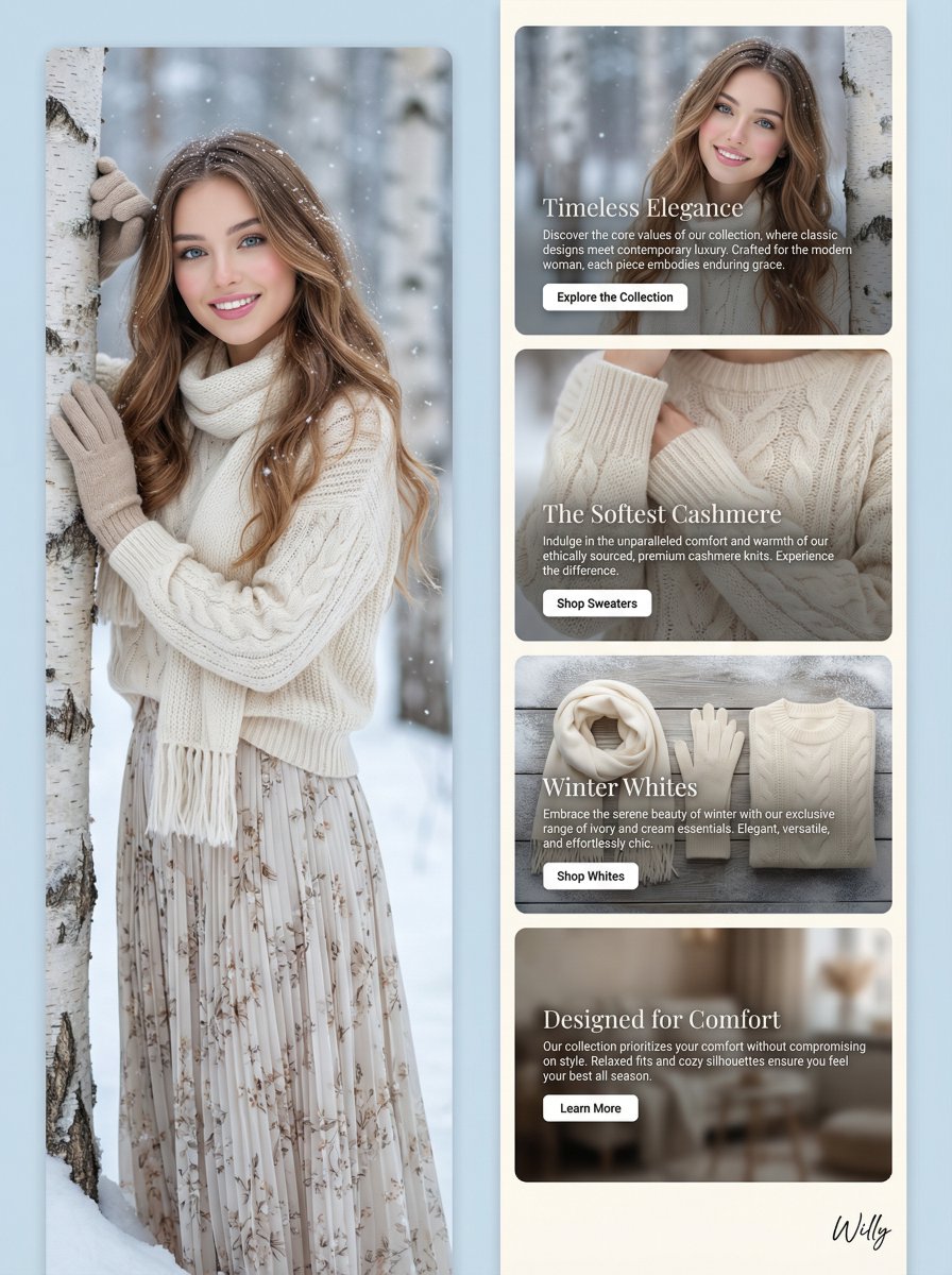 Winter Fashion Landing Page Design and Editorial Image AI image template preview
