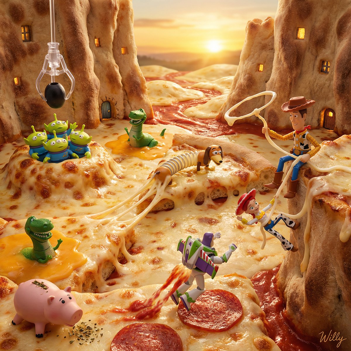 Toy Story Diorama in a Pizza World AI image template preview