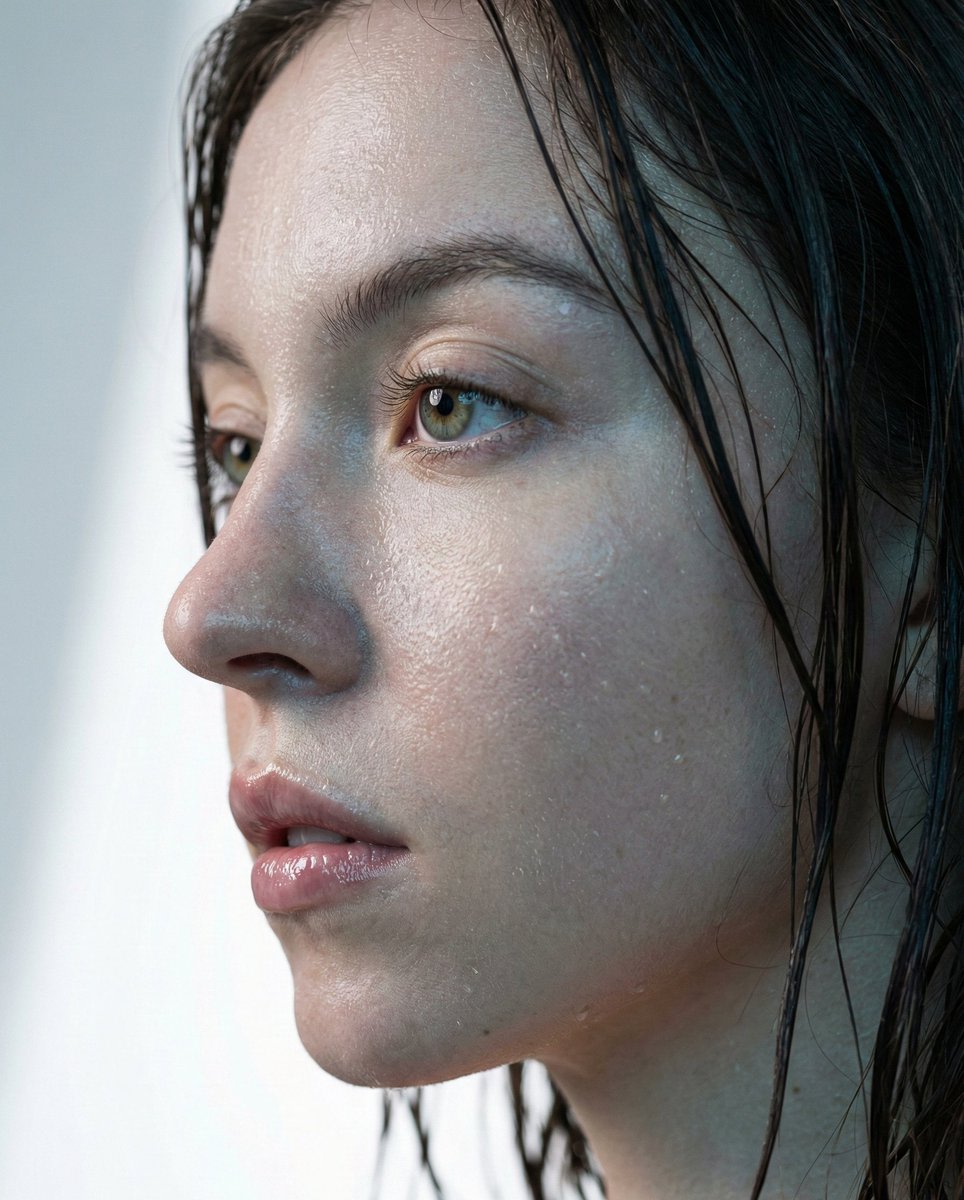 Hyper-Realistic Macro Portrait of Sydney Sweeney (Wet Look) AI image template preview