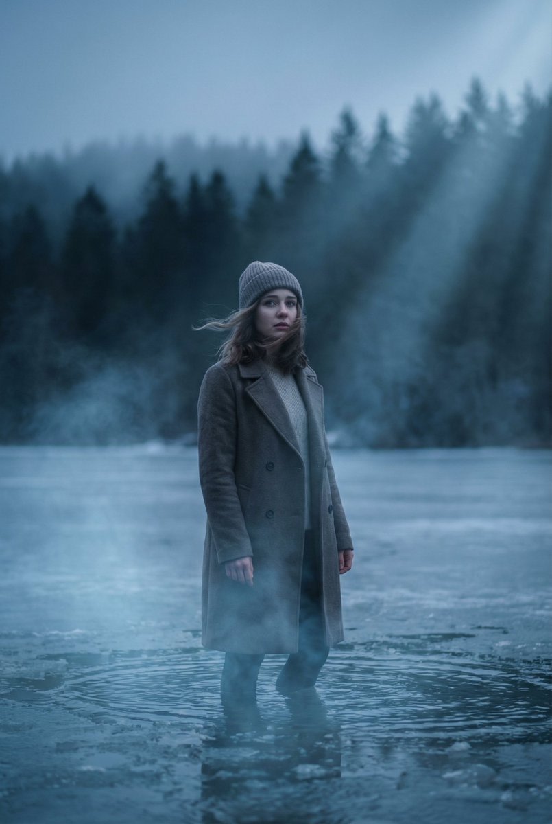 Cinematic Frozen Lake Portrait and Video Prompt AI image template preview