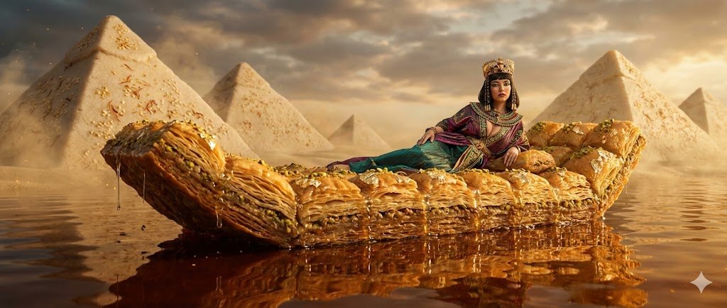 Sydney Sweeney as Cleopatra on a Baklava Barge Food Art Fantasy AI image template preview