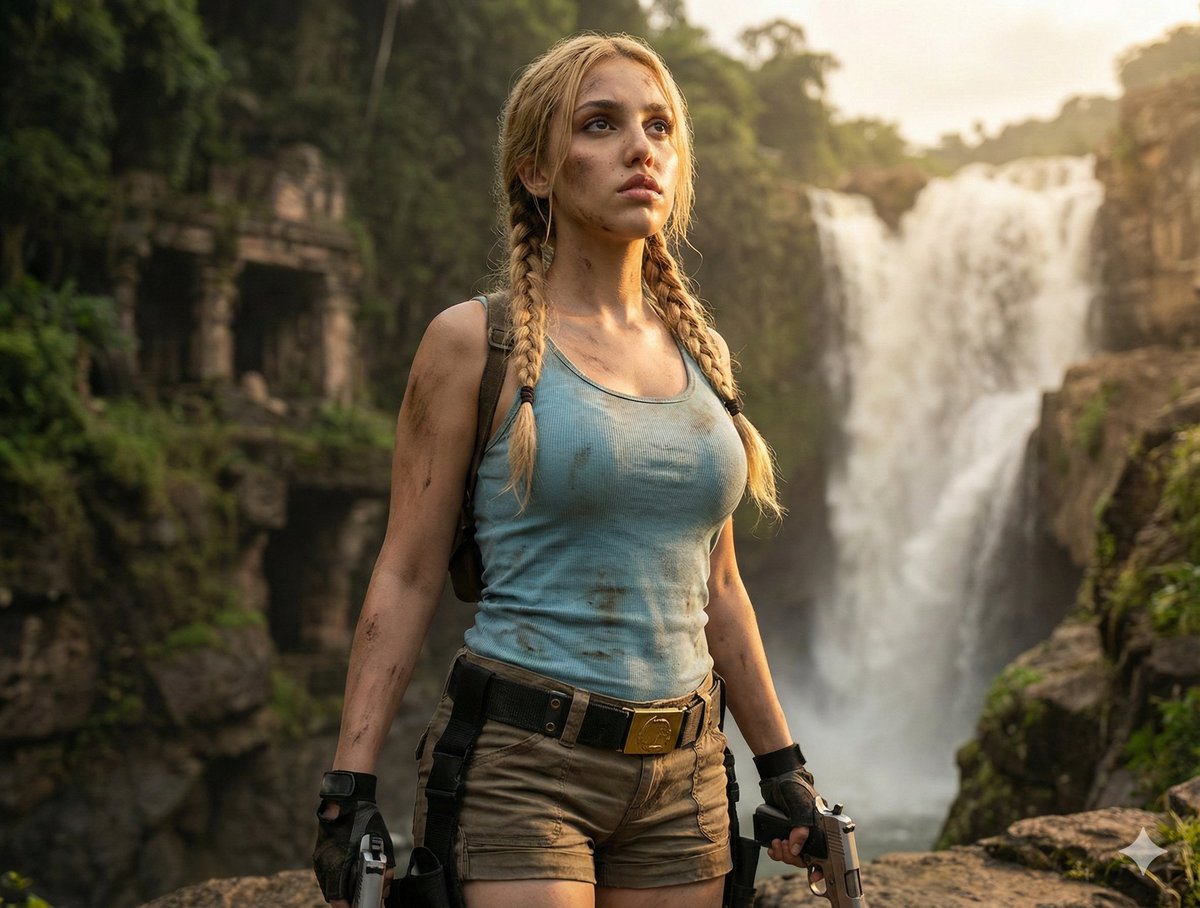 Lara Croft Inspired Action Editorial Portrait AI image template preview