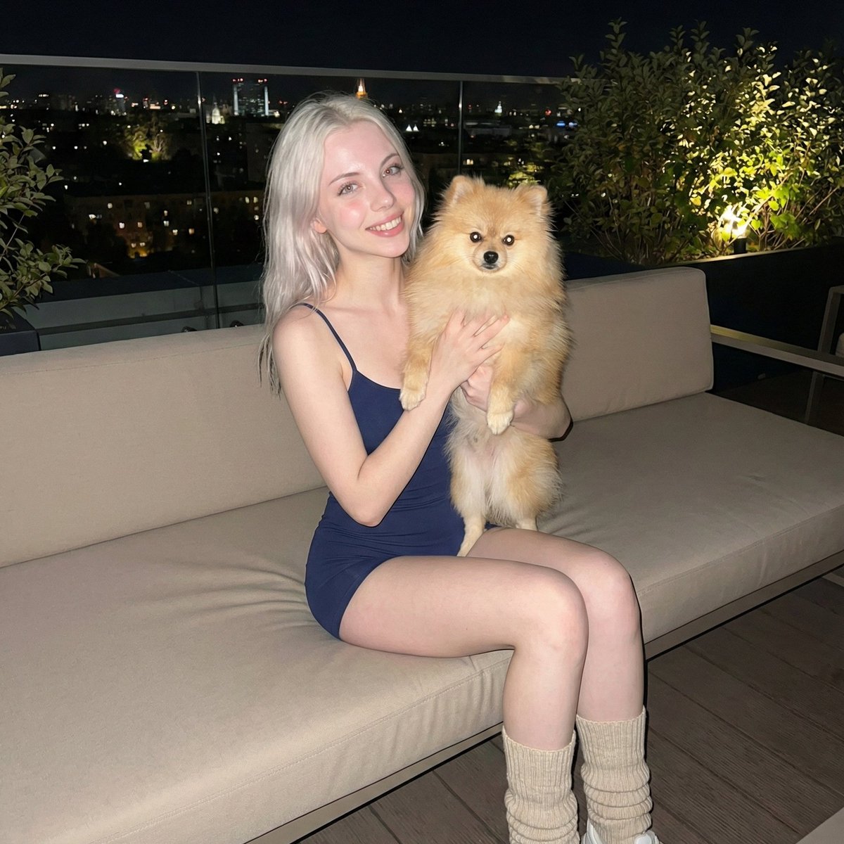 Photorealistic Portrait of Woman Holding a Pomeranian (iPhone Style) AI image template preview